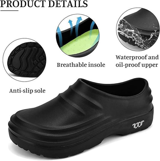 Unisex Slip-Resistant Work Clogs Waterproof Oil-Resistant Nursing Shoes Wide Fit Comfortable Non-Slip Chef Clogs for Healthcare/Kitchen/Garden (Black)