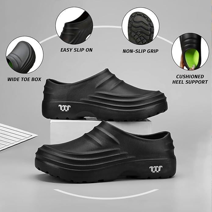 Unisex Slip-Resistant Work Clogs Waterproof Oil-Resistant Nursing Shoes Wide Fit Comfortable Non-Slip Chef Clogs for Healthcare/Kitchen/Garden (Black)