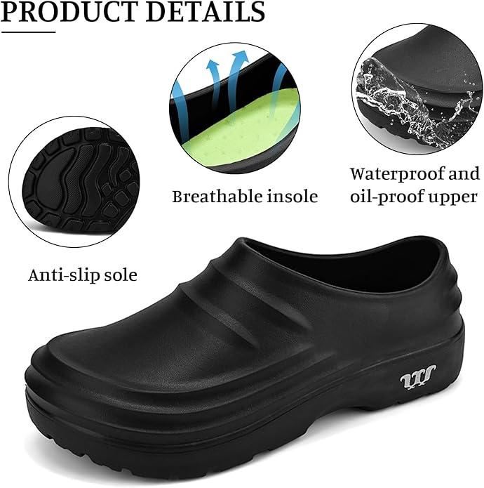 Unisex Slip-Resistant Work Clogs Waterproof Oil-Resistant Nursing Shoes Wide Fit Comfortable Non-Slip Chef Clogs for Healthcare/Kitchen/Garden (Black)